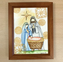 Carregar imagem no visualizador da galeria, Quadro pintado à mão em aquarela, pintura em papel, aguarela, quadro com moldura, presépio, pintura de presépio de Natal, religioso