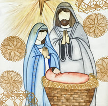 Carregar imagem no visualizador da galeria, Quadro pintado à mão em aquarela, pintura em papel, aguarela, quadro com moldura, presépio, pintura de presépio de Natal, religioso