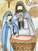Carregar imagem no visualizador da galeria, Quadro pintado à mão em aquarela, pintura em papel, aguarela, quadro com moldura, presépio, pintura de presépio de Natal, religioso
