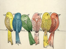 Carregar imagem no visualizador da galeria, Quadro Azulejo 20cm, pintado à mão, tema varal de pássaros, colorido, quadro decorativo, para penduarar, art, cerâmica