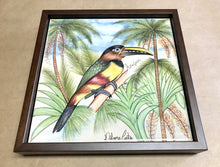 Carregar imagem no visualizador da galeria, Quadro de Azulejo, Pintado à Mão, com modura, Pintura Original, Natureza, Pássaro, Decoração, Arte, Tropical, Floresta, Ave, Araçarí