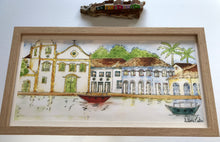 Carregar imagem no visualizador da galeria, Quadro com Ilustração, Moldura, Pintura, Aquarela, Paisagem, Casarios, Igreja, Arte, papel foto, Gravura, Reprodução, Arte Impressa, Giclée