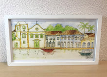 Carregar imagem no visualizador da galeria, Quadro com Ilustração, Moldura, Pintura, Aquarela, Paisagem, Casarios, Igreja, Arte, Fine art, Gravura, Reprodução, Arte Impressa, Giclée