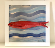 Carregar imagem no visualizador da galeria, Quadro Azulejo Sardinha, ondas do Mar/ Azul e Vermelho - 24x24cm