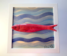 Carregar imagem no visualizador da galeria, Quadro Azulejo Sardinha, ondas do Mar/ Azul e Vermelho - 24x24cm