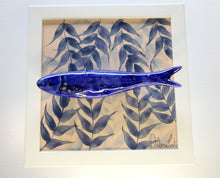 Carregar imagem no visualizador da galeria, Quadro Azulejo Sardinha, Folhagem Azul/Efeito - Respingo Amarelo - 24x24cm