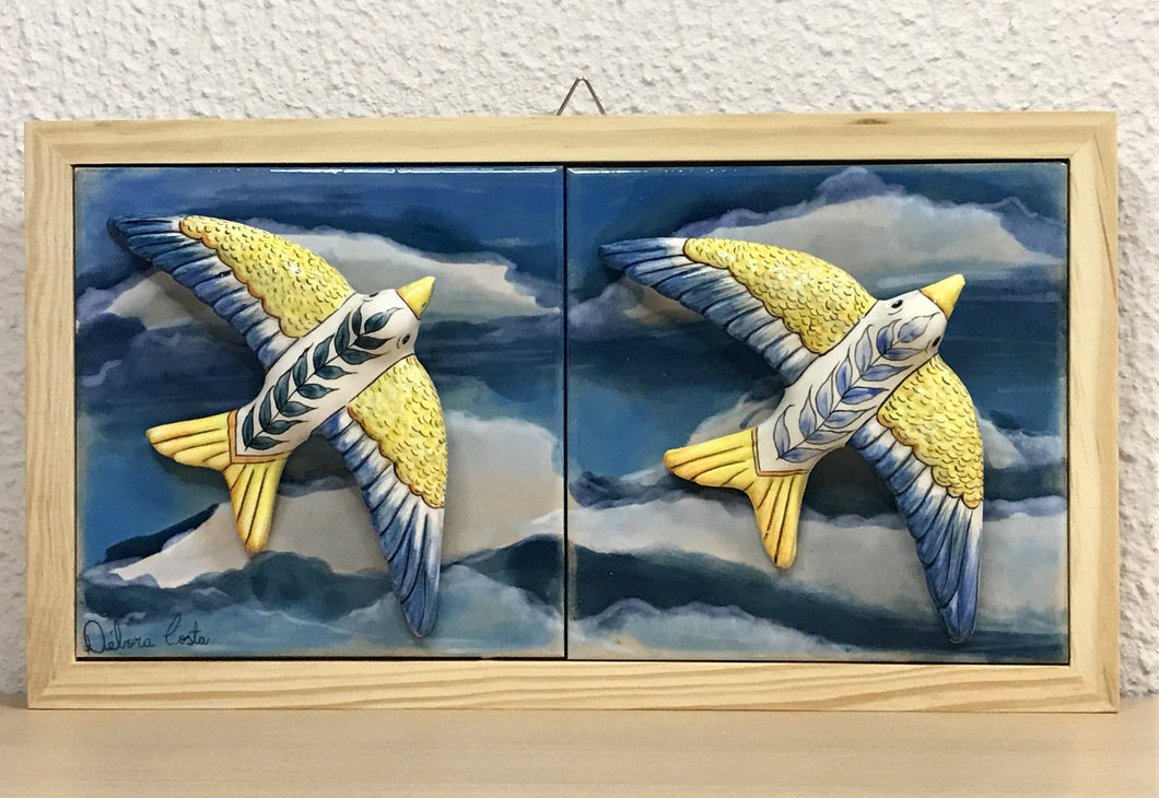 Quadro de Andorinhas, Azulejos Pintados à Mão, Clássicos da Cultura Portuguesa, Quadro de Azulejos, Quadro com Moldura, Painel de Azulejos,