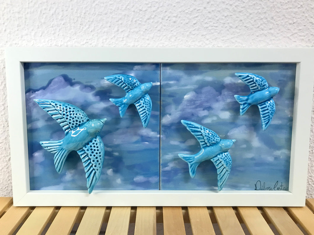 Quadro de Azulejo - Revoada de Andorinhas  - 23,5x 43,5cm