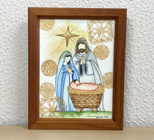 Carregar imagem no visualizador da galeria, Quadro pintado à mão em aquarela, pintura em papel, aguarela, quadro com moldura, presépio, pintura de presépio de Natal, religioso
