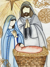 Carregar imagem no visualizador da galeria, Quadro pintado à mão em aquarela, pintura em papel, aguarela, quadro com moldura, presépio, pintura de presépio de Natal, religioso
