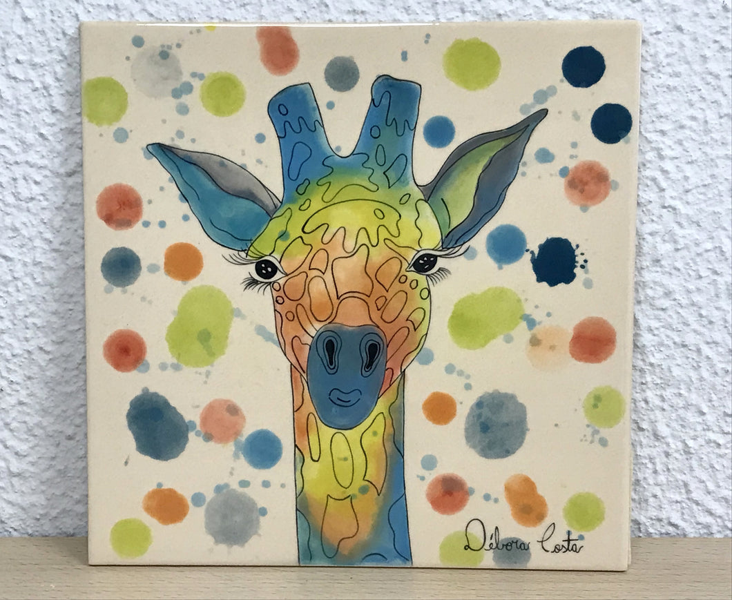 Azulejo 20cm, pintado à mão, Girafa Pop, colorido, quadro decorativo, para penduarar, art, cerâmica, art decorativa