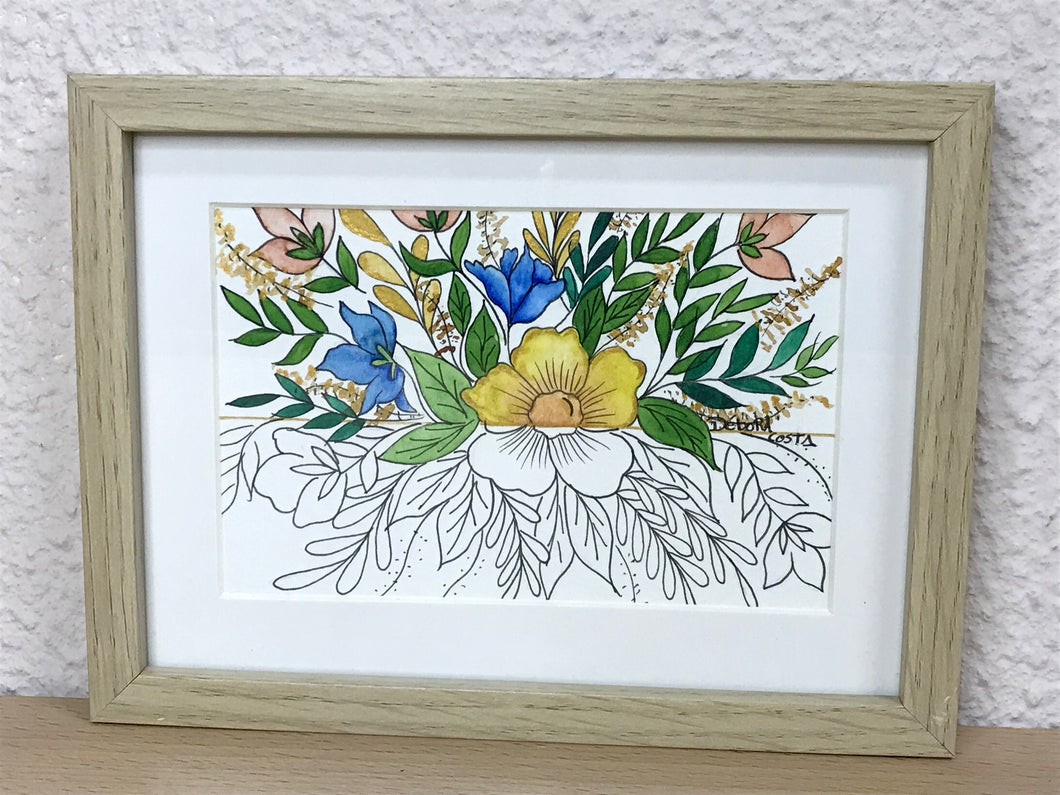 Quadrinho Pintado á Mão em Aguarela, com Moldura, Pintura floral, Pequena Moldura, Arte Decorativa, Pintura em Papel, Aquarela, flores