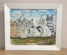 Carregar imagem no visualizador da galeria, Quadrinho pintado á mão em aguarela, com moldura, gato colorido, pequena moldura, arte decorativa, pintura em papel, pintura aquarela, pet
