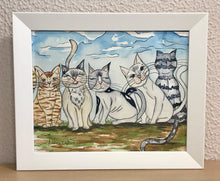 Carregar imagem no visualizador da galeria, Quadrinho pintado á mão em aguarela, com moldura, gato colorido, pequena moldura, arte decorativa, pintura em papel, pintura aquarela, pet
