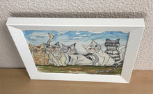 Carregar imagem no visualizador da galeria, Quadrinho pintado á mão em aguarela, com moldura, gato colorido, pequena moldura, arte decorativa, pintura em papel, pintura aquarela, pet
