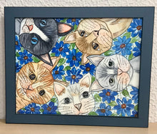 Carregar imagem no visualizador da galeria, Quadrinho pintado à mão em aguarela, com moldura, gato colorido, pequena moldura, arte decorativa, pintura em papel, pintura aquarela, pet
