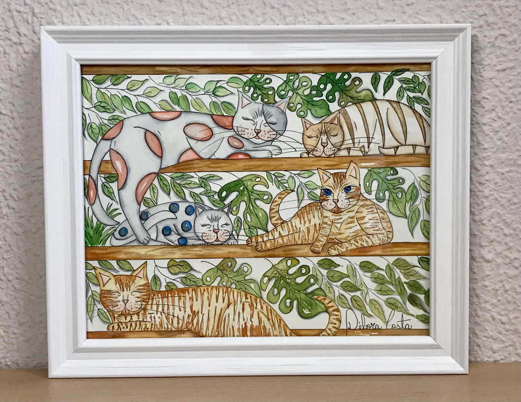 Quadrinho pintado à mão em aguarela, com moldura, gato colorido, pequena moldura, arte decorativa, pintura em papel, pintura aquarela, pet
