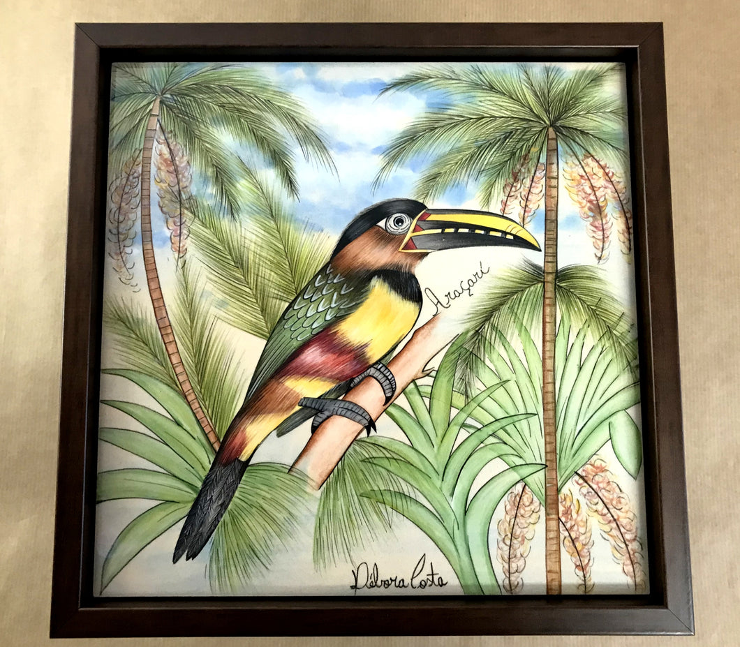 Quadro de Azulejo, Pintado à Mão, com modura, Pintura Original, Natureza, Pássaro, Decoração, Arte, Tropical, Floresta, Ave, Araçarí