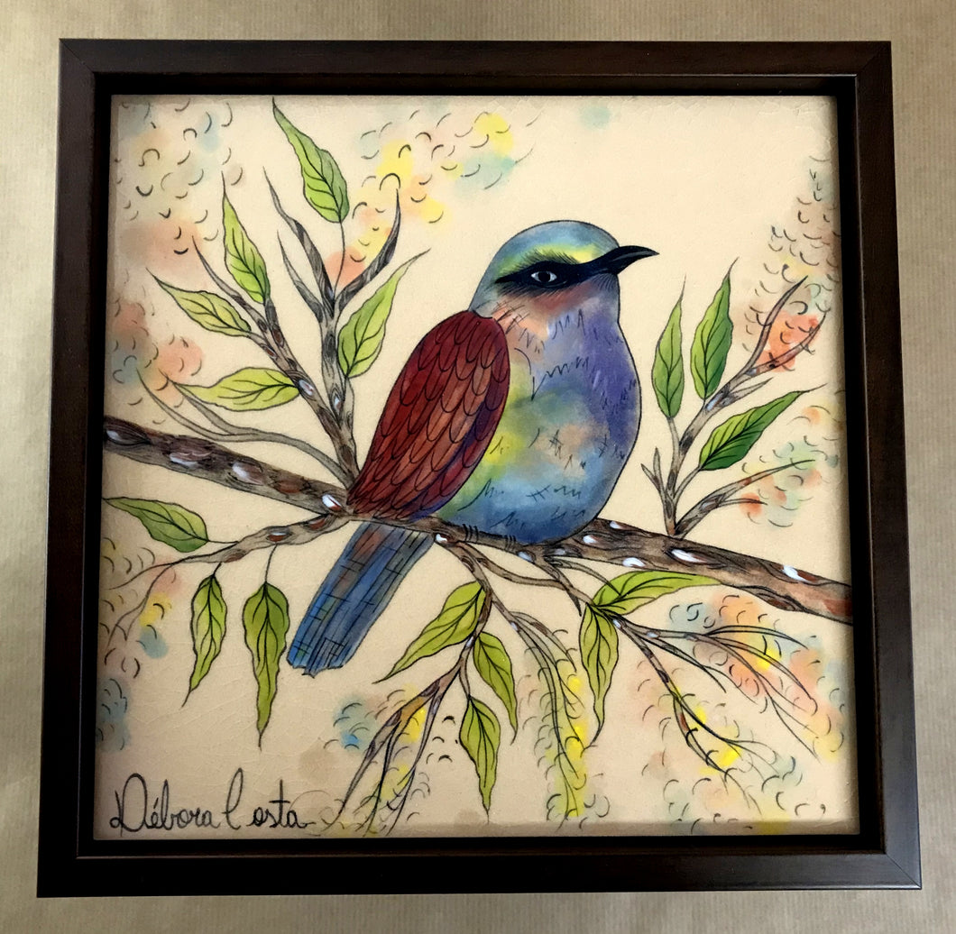 Cópia de Quadro de Azulejo, Pintado à Mão, com modura, Pintura Original, Natureza, Pássaro, Decoração, Arte, Tropical, Floresta, Ave, pássaro colorido