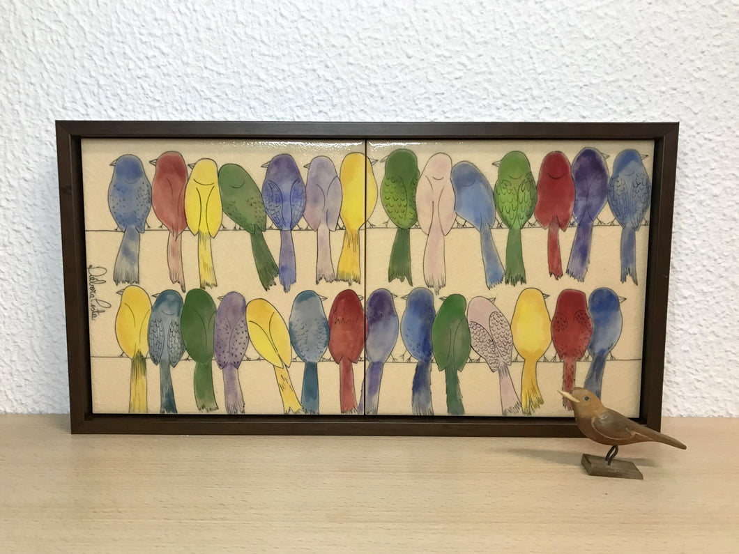 Quadro de Azulejo, Pintado à Mão, com Moldura, Pintura Original, Varal de pássaros, Pop Art, Decoração, Arte para Pendura, Natureza,