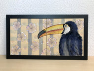 Quadro de Azulejo, Pintado à Mão, com Moldura, Pintura Original, Tucano, Passaro Exótico, Tropical, Decoração, Arte para Pendura, Natureza