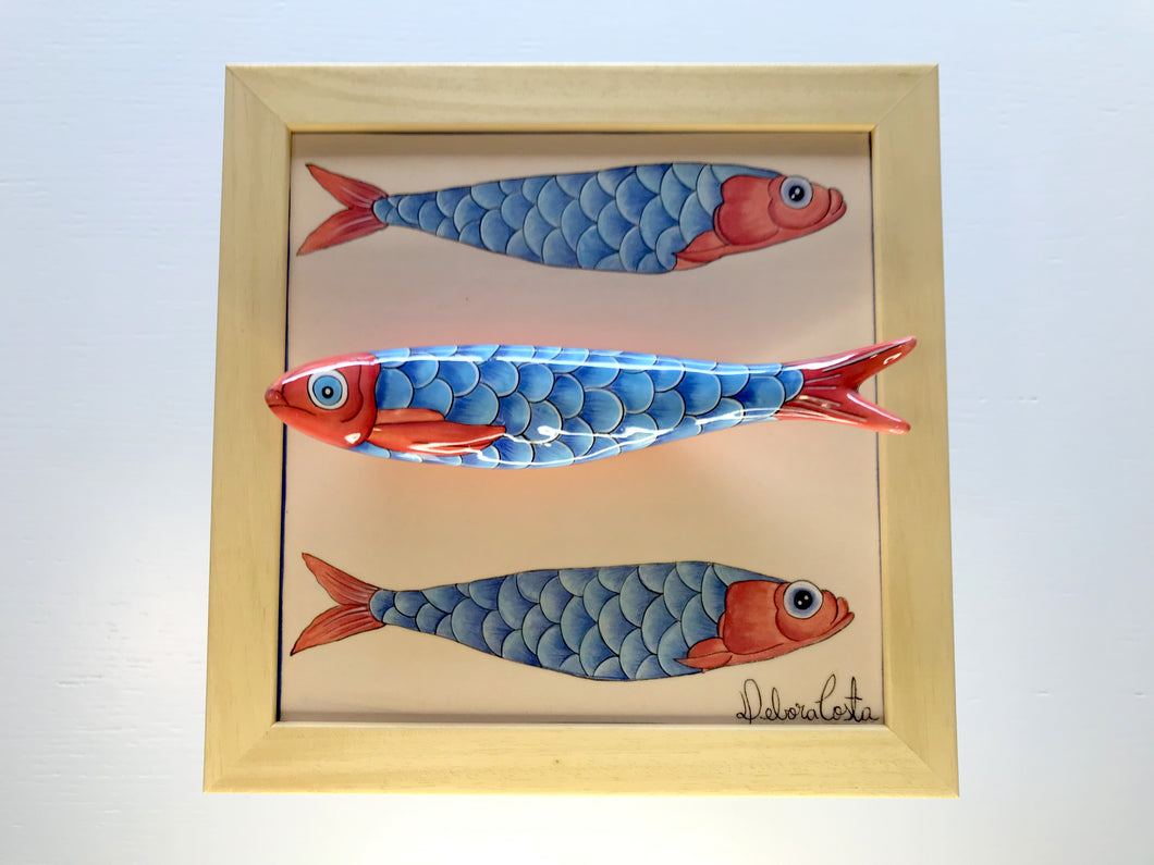 Quadro Azulejo Sardinha, Artistica/Trio/Azul e Vermelho- 24x24cm