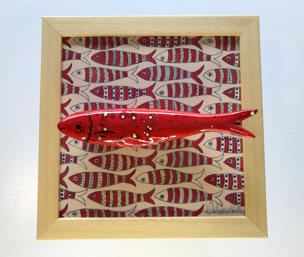Quadro Azulejo Sardinha, Listrado/ Efeito/ Vermelho - 24x24cm