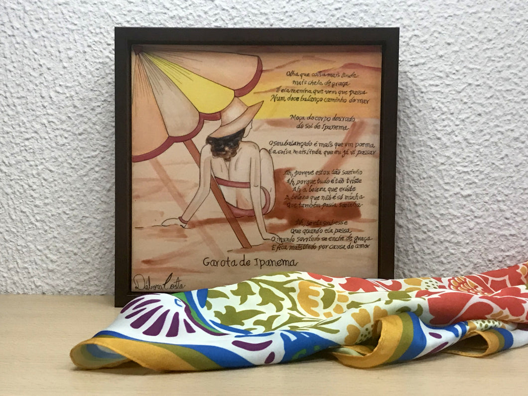 Quadro de Azulejo, Pintado à mão, com Moldura de Madeira, Decoração, Música Garota de Ipanema, Arte e Cultura, Clássico, Brasileiro, Pequeno