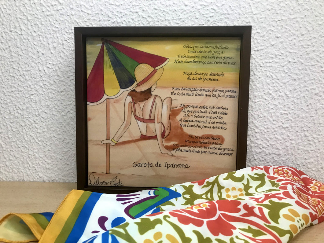 Quadro de Azulejo, Pintado à mão, com Moldura de Madeira, Decoração, Música Garota de Ipanema, Arte e Cultura, Clássico, Brasileiro, Pequeno