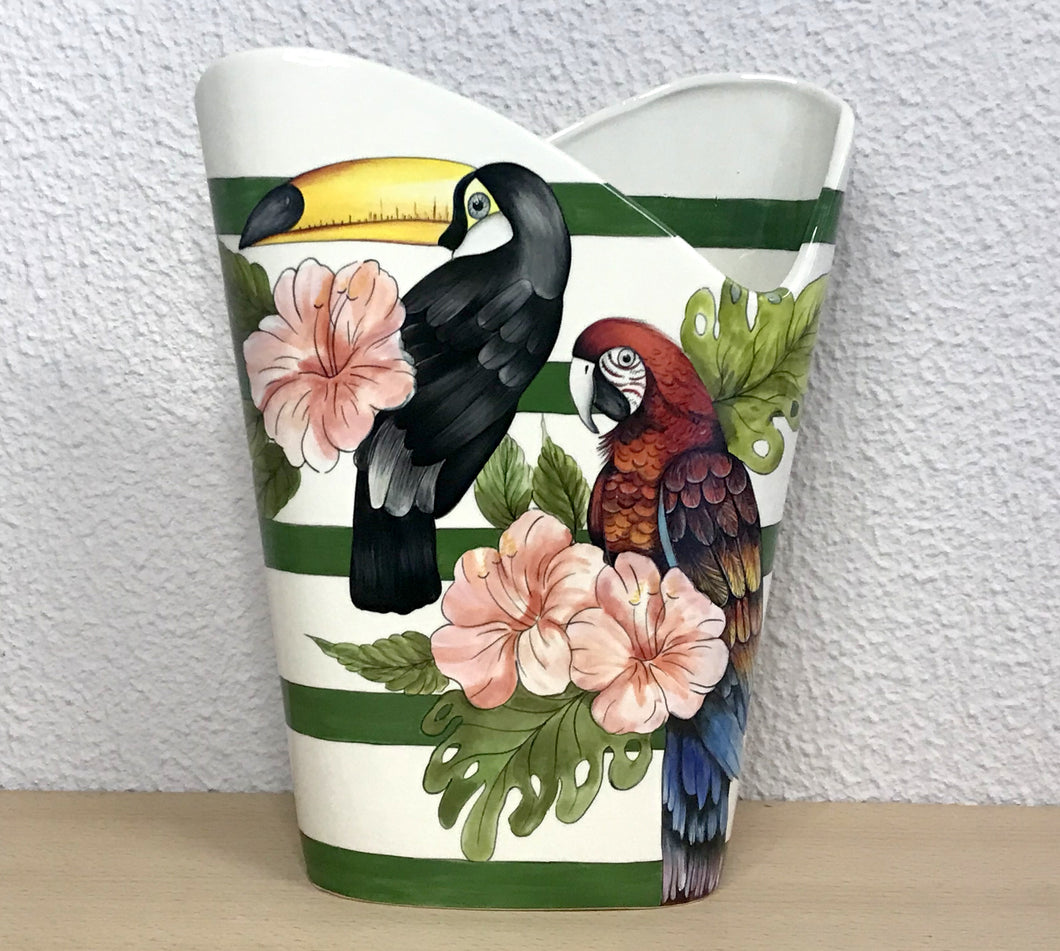 Vaso Decorativo de Cerâmica, Produzido e Pintado à Mão, Pássaros Tropicais, Tucanos e Arara, Peça Autoral, Natureza na Decoração