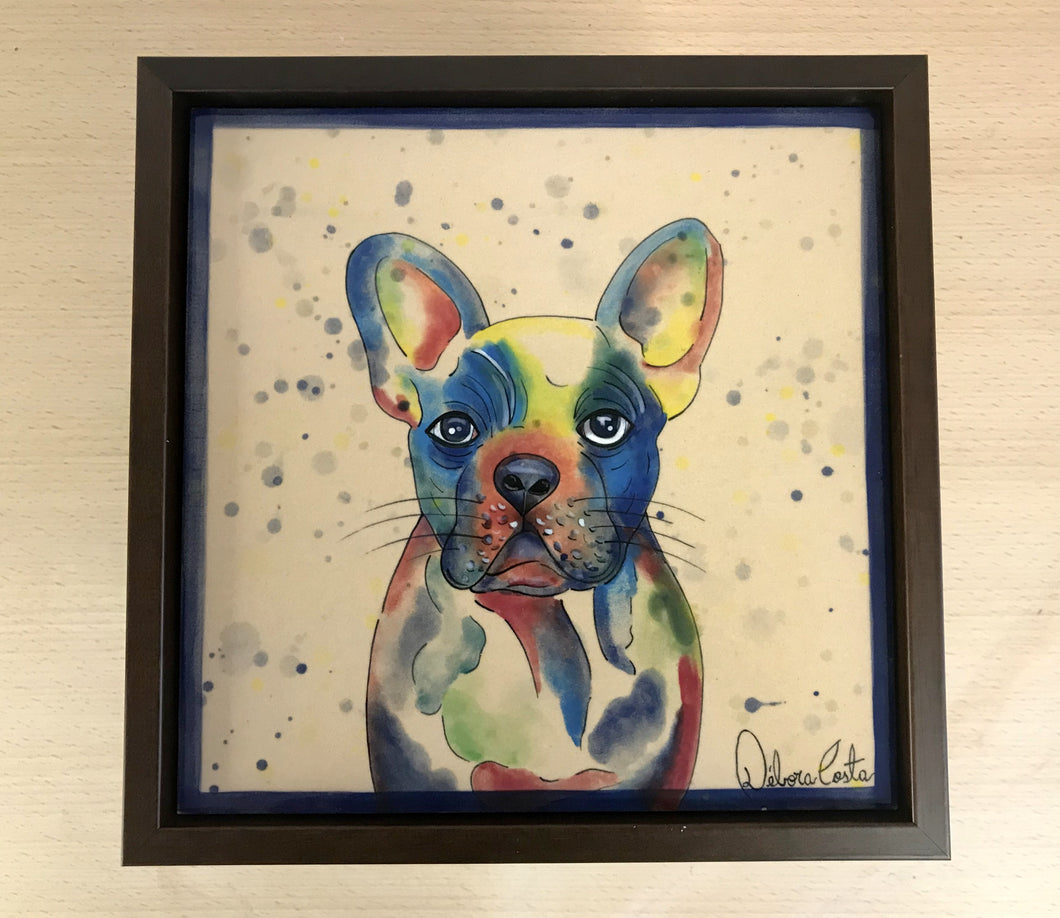 Quadro de Azulejo, Pintado à Mão, Pintura Pop, com Moldura, Pintura Original, Cachorro Buldogue, Pop Art, Decoração, Arte para Pendura