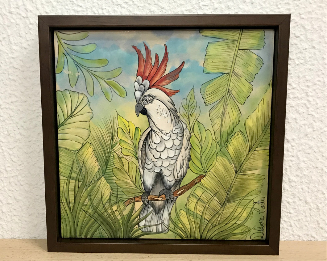 Quadro de Azulejo, Pintado à Mão, com Modura, Pintura Original, Natureza, Pássaro, Decoração Casa de Campo, Arte, Floresta, Ave