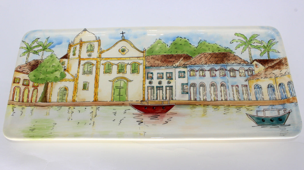 Pintura em cerâmica Aquarela Igreja de Santa Rita em Paraty - Brasil -  36,5 x 15,5 cm